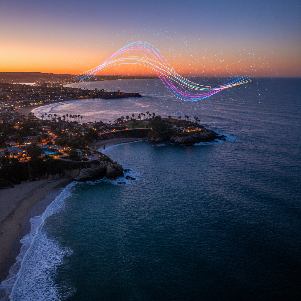 Aerial view of San Diego coastline with drone formation overhead