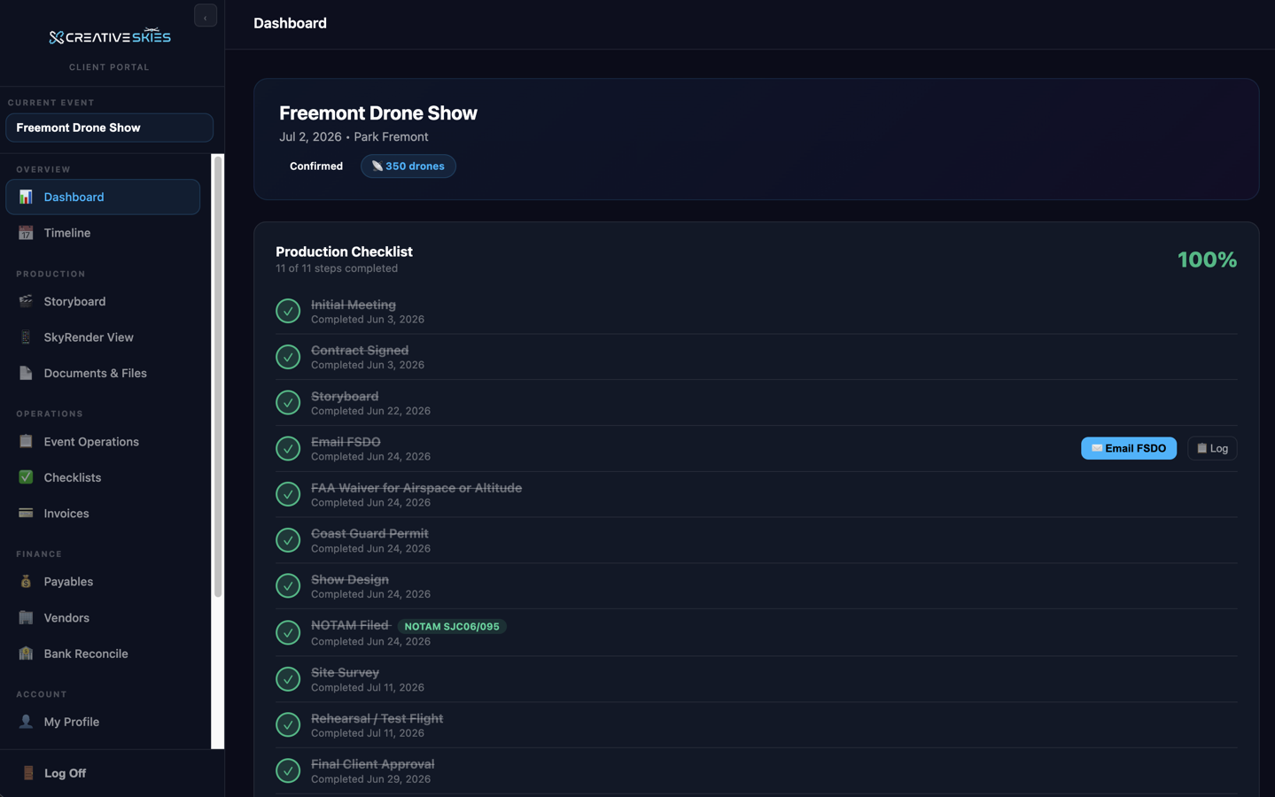 Creative Skies client portal dashboard for the Fremont drone show, production checklist at 100% complete