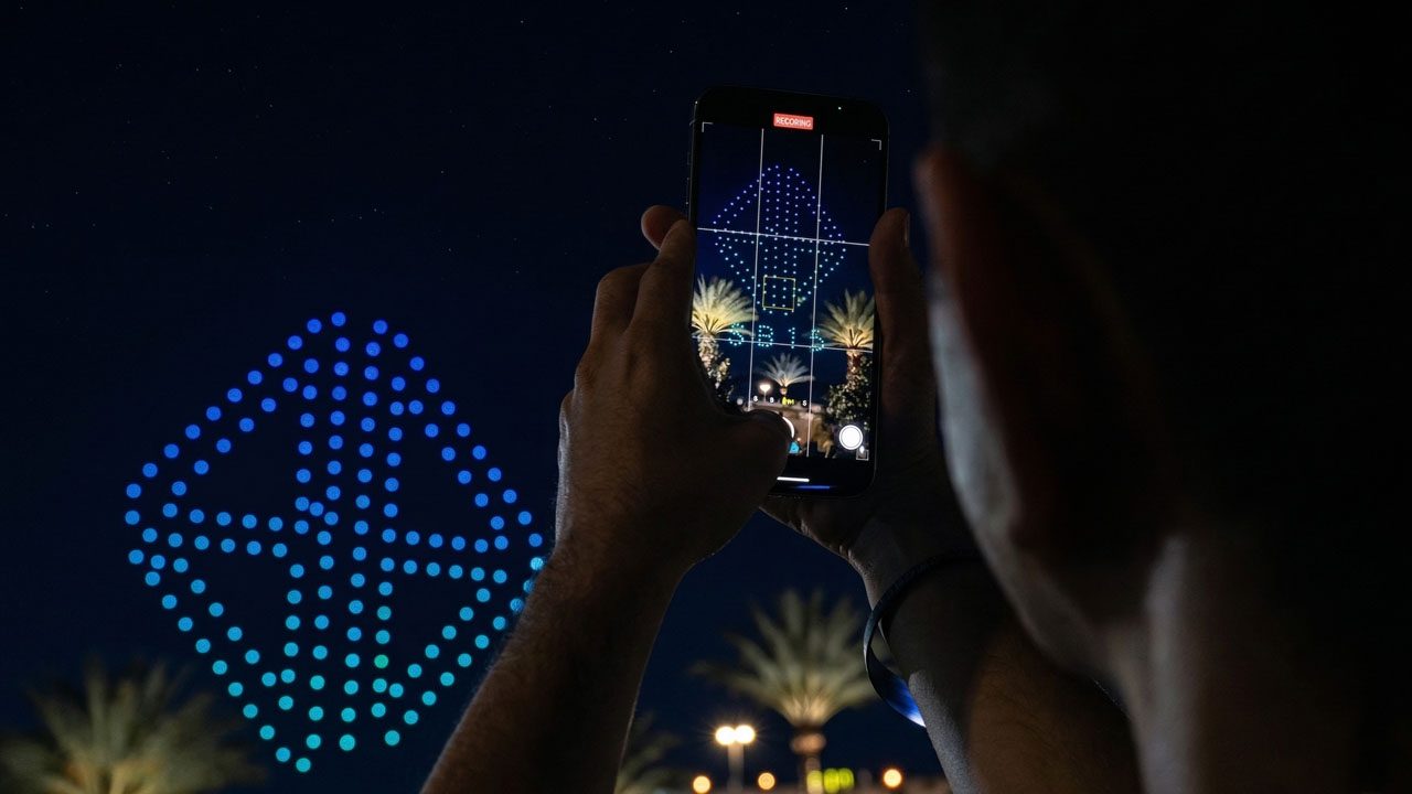 Drone light show at outdoor concert and festival, Creative Skies live entertainment