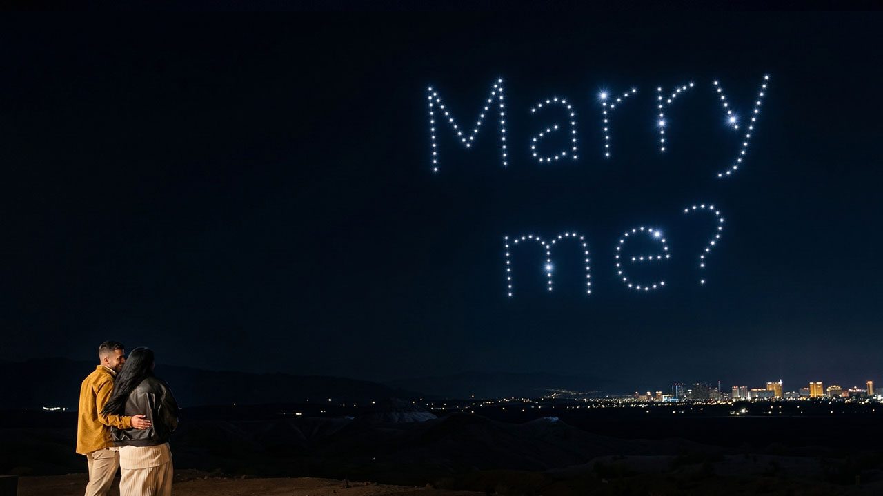 Drone light show at wedding proposal, Creative Skies private celebration