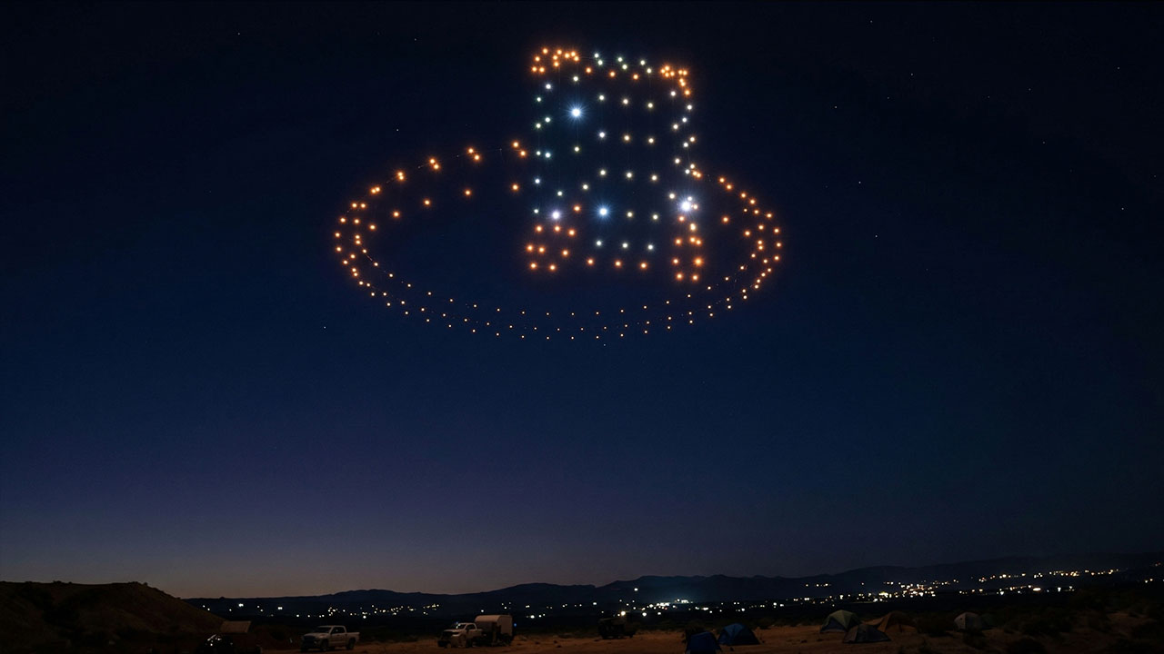 Drone formation creating a diamond ring in the sky over Joshua Tree — Creative Skies wedding proposal