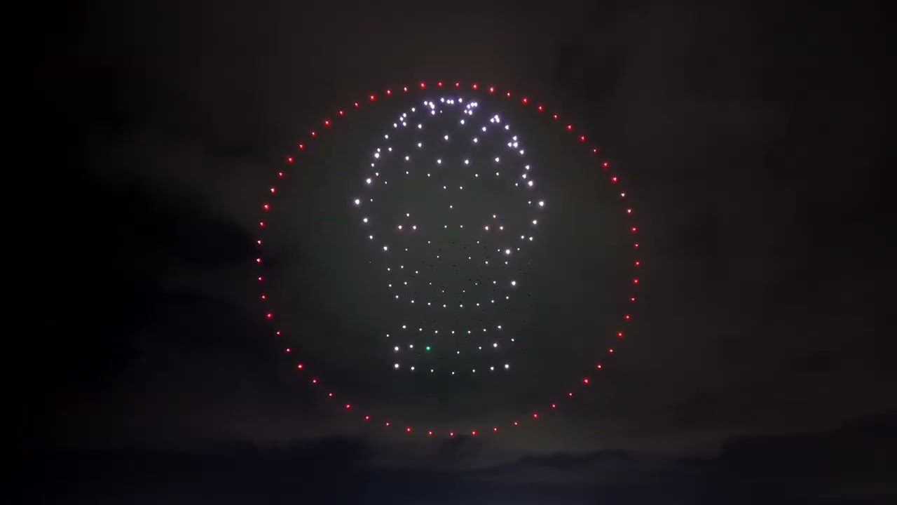 Drone show crystal ball with a skull inside, Oceanside Halloween drone show by Creative Skies