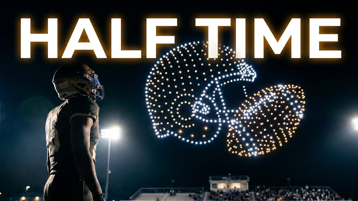 Football halftime drone light show with a drone helmet and football over a high school stadium, Creative Skies